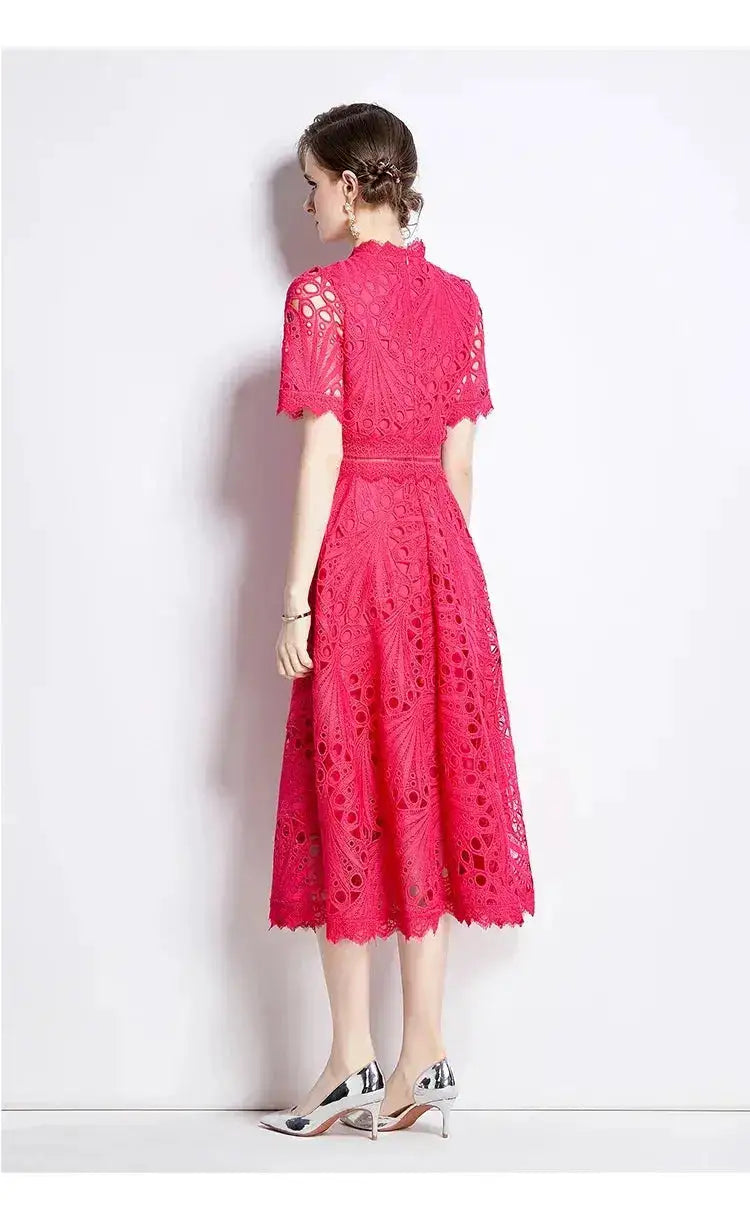 SMTHMA Vintage High-End O-Neck Short Sleeve Lace Hollow Out Dress For Women&