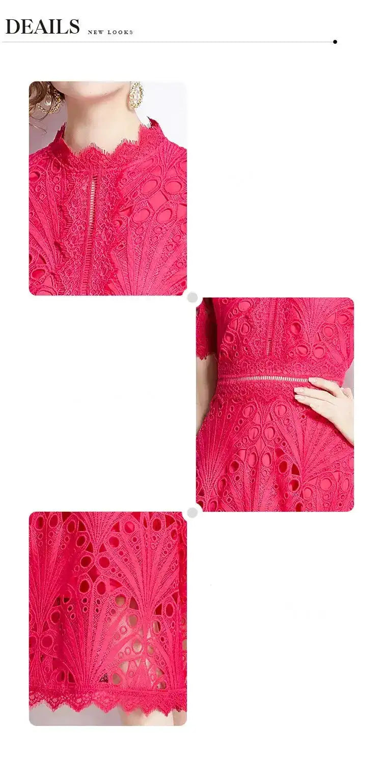 SMTHMA Vintage High-End O-Neck Short Sleeve Lace Hollow Out Dress For Women&