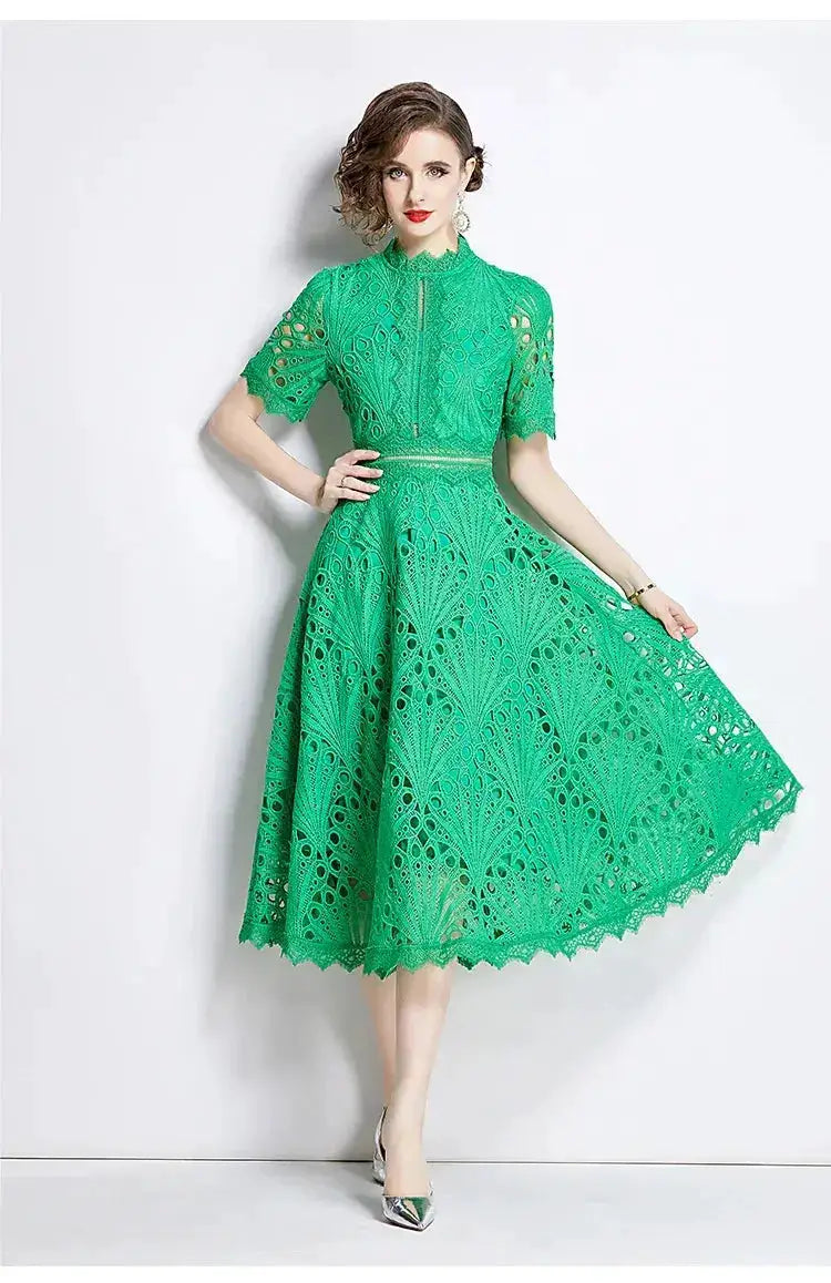 SMTHMA Vintage High-End O-Neck Short Sleeve Lace Hollow Out Dress For Women&