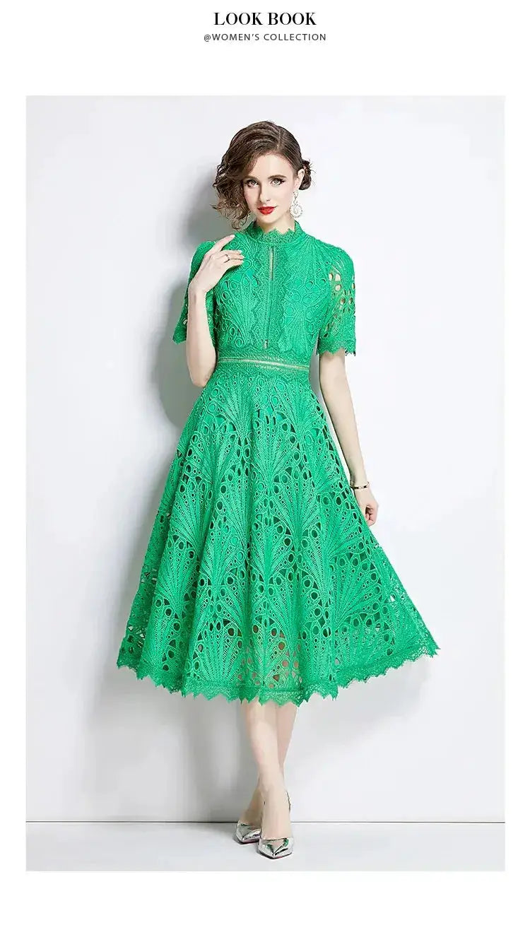 SMTHMA Vintage High-End O-Neck Short Sleeve Lace Hollow Out Dress For Women&