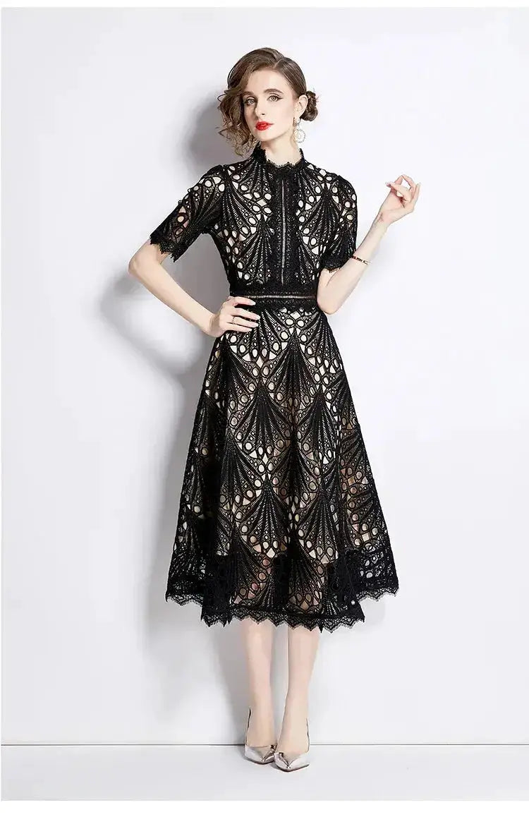 SMTHMA Vintage High-End O-Neck Short Sleeve Lace Hollow Out Dress For Women&