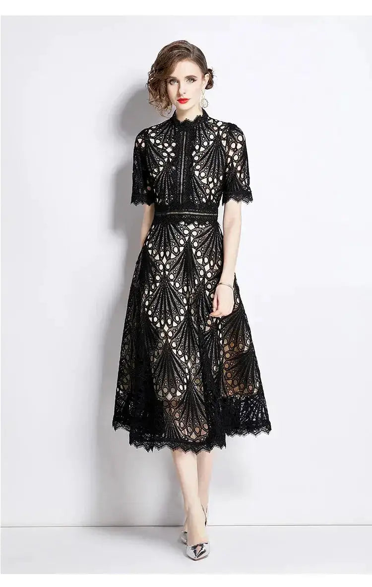 SMTHMA Vintage High-End O-Neck Short Sleeve Lace Hollow Out Dress For Women&