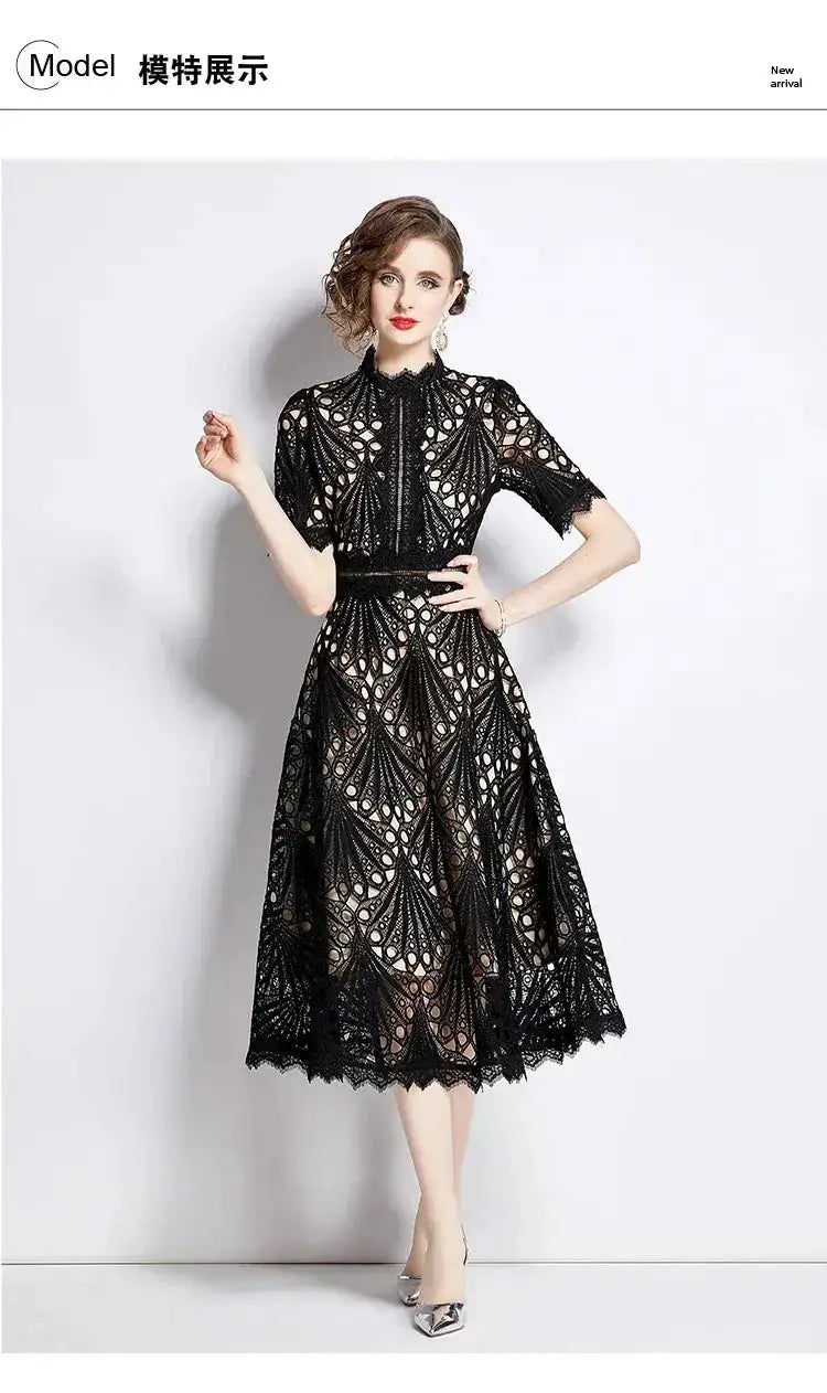 SMTHMA Vintage High-End O-Neck Short Sleeve Lace Hollow Out Dress For Women&