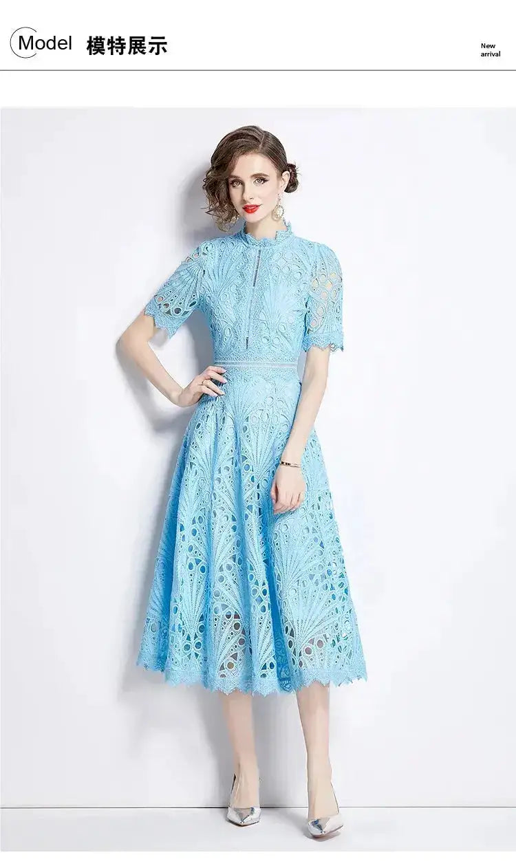 SMTHMA Vintage High-End O-Neck Short Sleeve Lace Hollow Out Dress For Women&