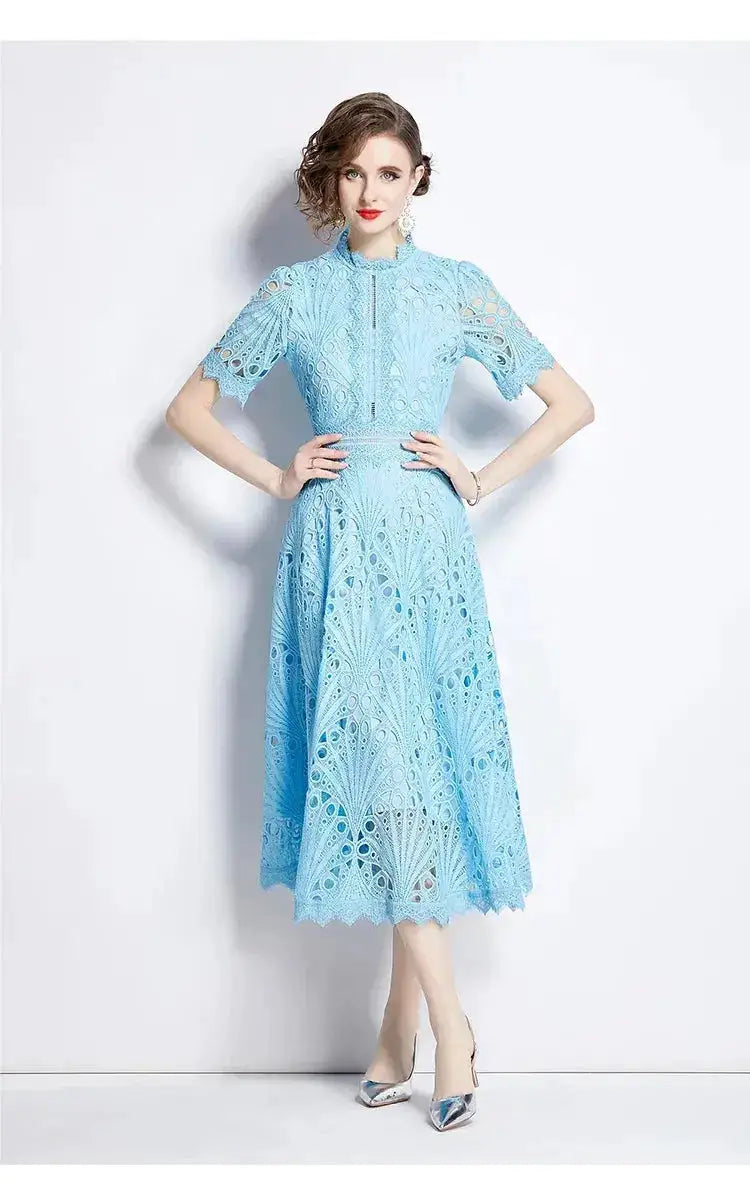 SMTHMA Vintage High-End O-Neck Short Sleeve Lace Hollow Out Dress For Women&