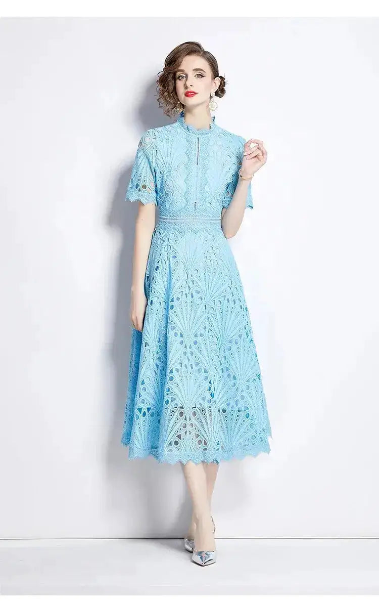 SMTHMA Vintage High-End O-Neck Short Sleeve Lace Hollow Out Dress For Women&