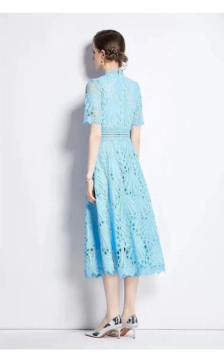SMTHMA Vintage High-End O-Neck Short Sleeve Lace Hollow Out Dress For Women&