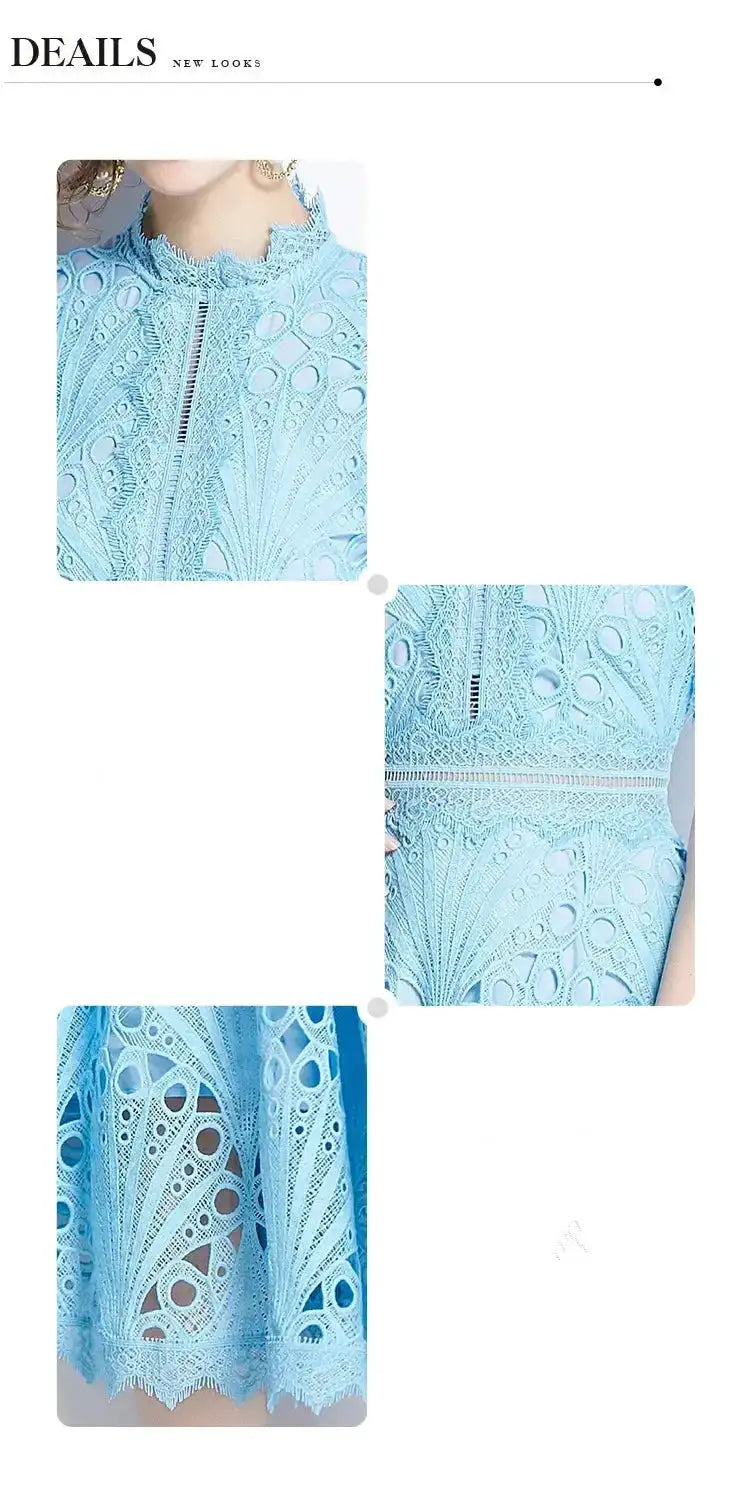 SMTHMA Vintage High-End O-Neck Short Sleeve Lace Hollow Out Dress For Women&