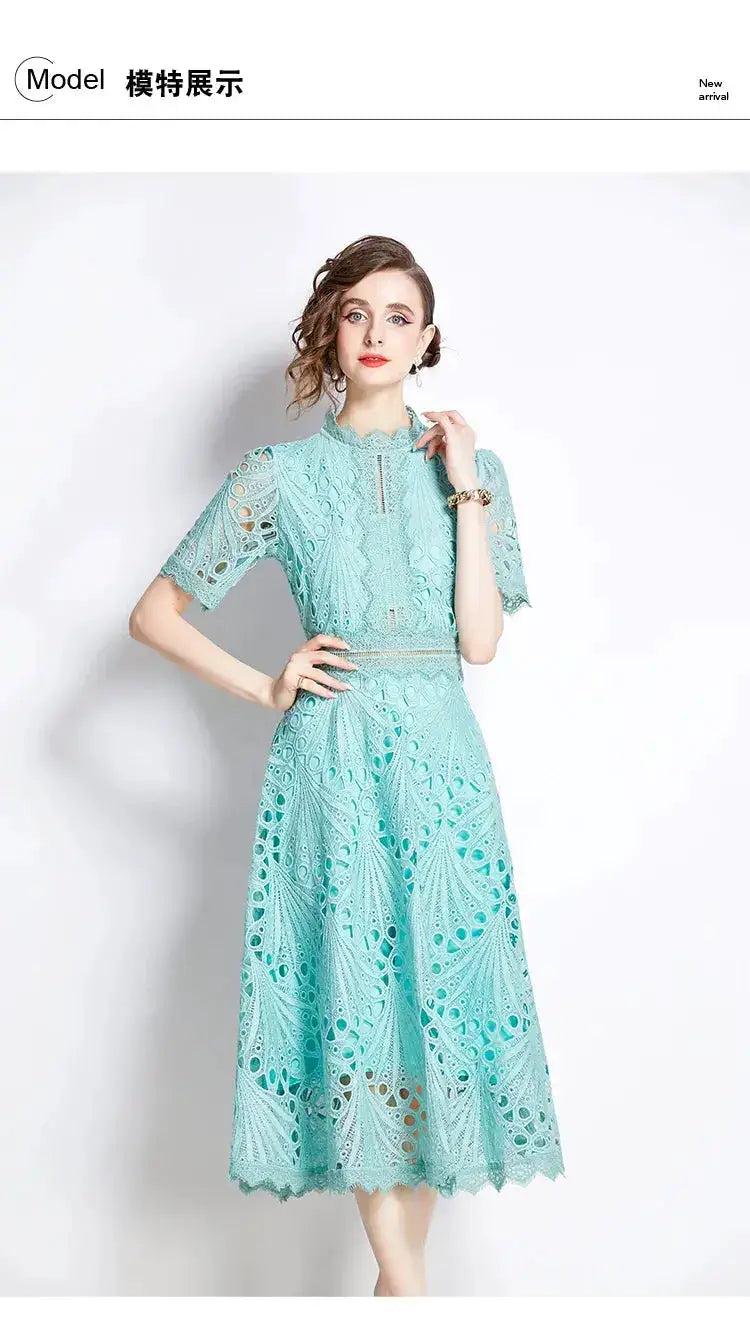 SMTHMA Vintage High-End O-Neck Short Sleeve Lace Hollow Out Dress For Women&
