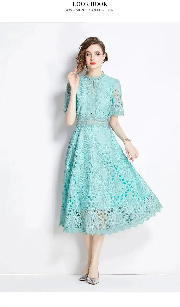 SMTHMA Vintage High-End O-Neck Short Sleeve Lace Hollow Out Dress For Women&