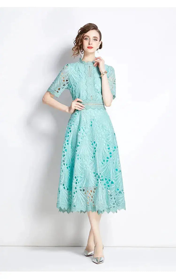 SMTHMA Vintage High-End O-Neck Short Sleeve Lace Hollow Out Dress For Women&