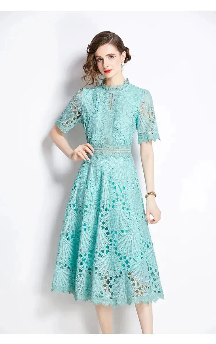 SMTHMA Vintage High-End O-Neck Short Sleeve Lace Hollow Out Dress For Women&