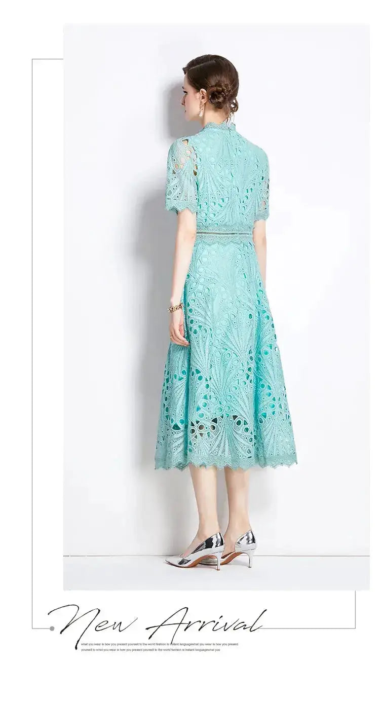 SMTHMA Vintage High-End O-Neck Short Sleeve Lace Hollow Out Dress For Women&