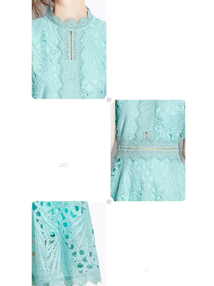 SMTHMA Vintage High-End O-Neck Short Sleeve Lace Hollow Out Dress For Women&