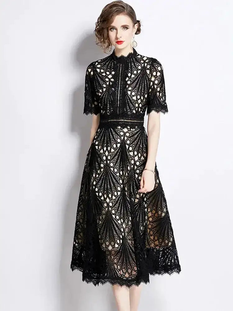 SMTHMA Vintage High-End O-Neck Short Sleeve Lace Hollow Out Dress For Women&
