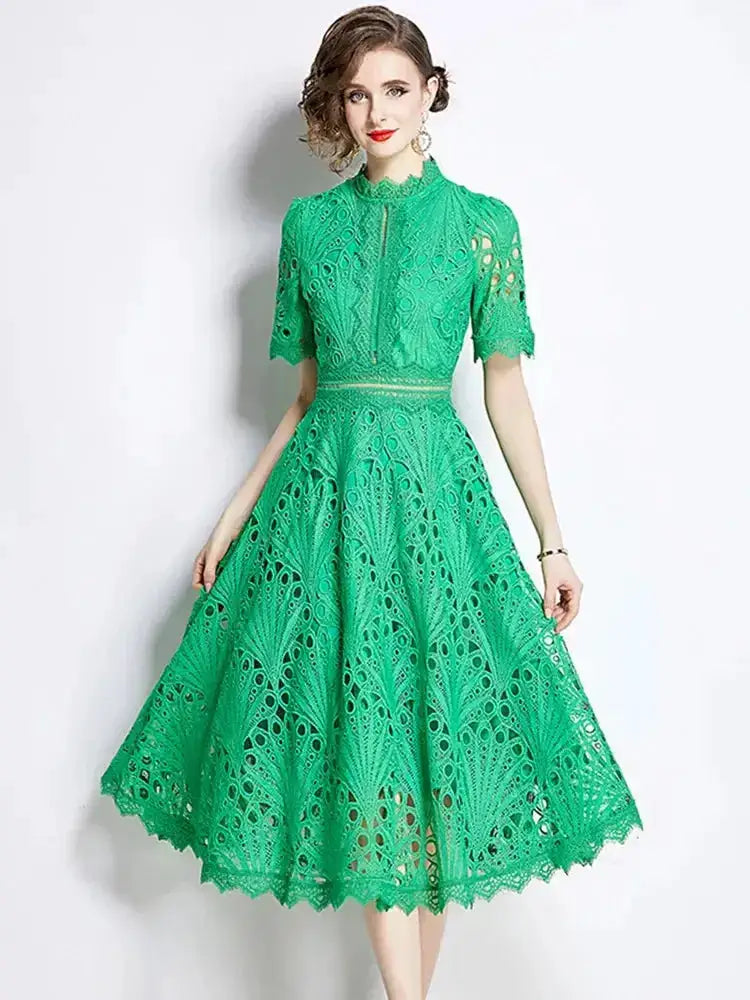 SMTHMA Vintage High-End O-Neck Short Sleeve Lace Hollow Out Dress For Women&
