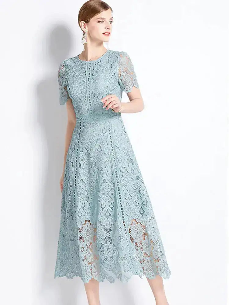 SMTHMA Vintage High-End O-Neck Short Sleeve Lace Hollow Out Dress For Women&