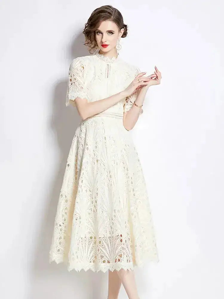 SMTHMA Vintage High-End O-Neck Short Sleeve Lace Hollow Out Dress For Women&