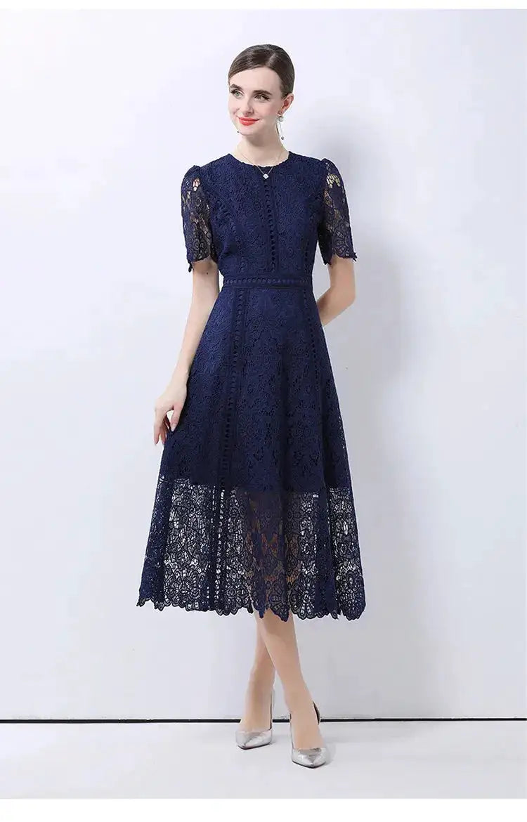 SMTHMA Vintage High-End O-Neck Short Sleeve Lace Hollow Out Dress For Women&