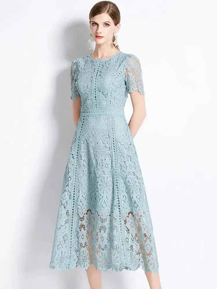 SMTHMA Vintage High-End O-Neck Short Sleeve Lace Hollow Out Dress For Women&