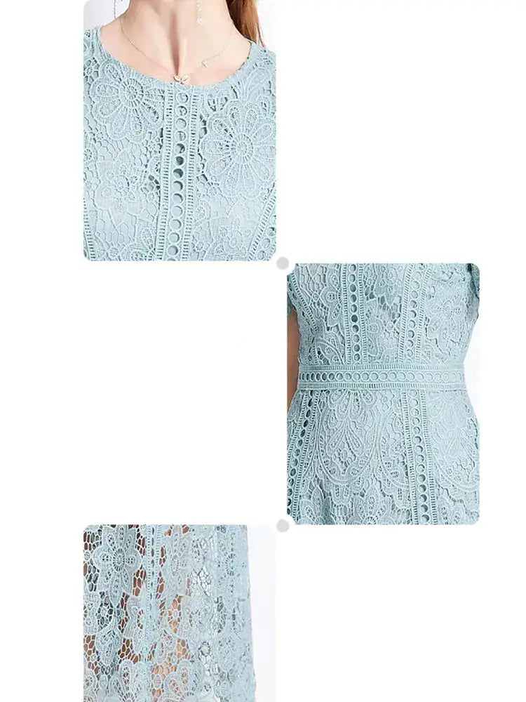 SMTHMA Vintage High-End O-Neck Short Sleeve Lace Hollow Out Dress For Women&