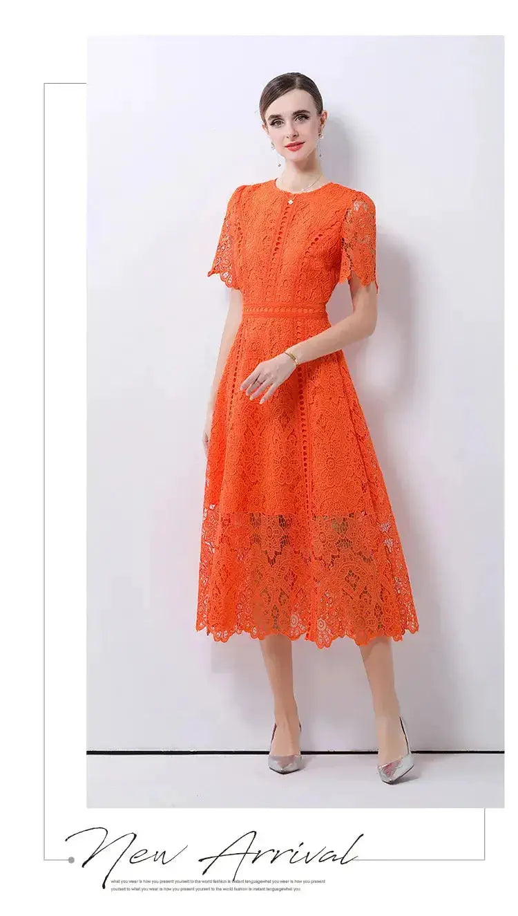 SMTHMA Vintage High-End O-Neck Short Sleeve Lace Hollow Out Dress For Women&