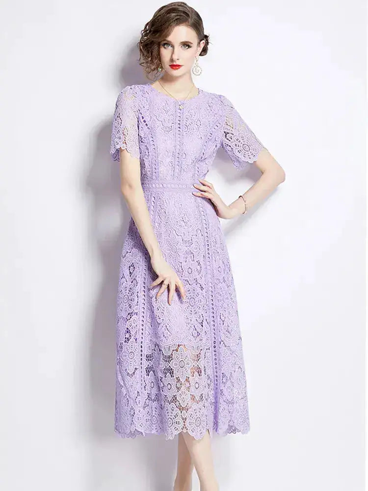 SMTHMA Vintage High-End O-Neck Short Sleeve Lace Hollow Out Dress For Women&