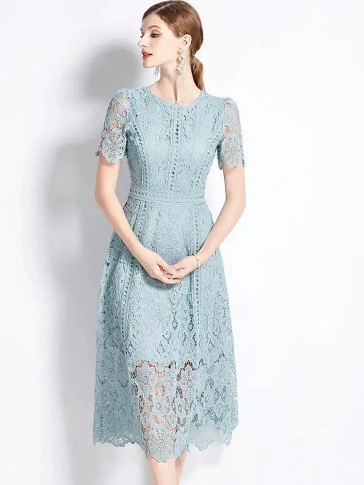 SMTHMA Vintage High-End O-Neck Short Sleeve Lace Hollow Out Dress For Women&