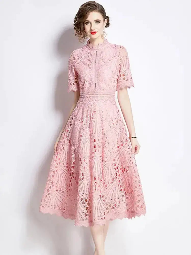 SMTHMA Vintage High-End O-Neck Short Sleeve Lace Hollow Out Dress For Women&