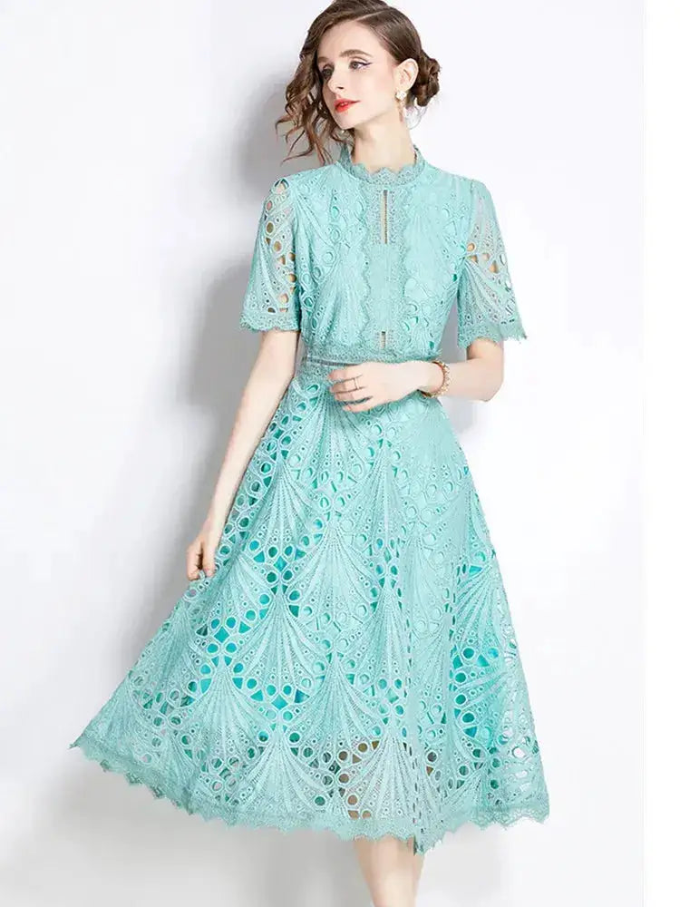 SMTHMA Vintage High-End O-Neck Short Sleeve Lace Hollow Out Dress For Women&
