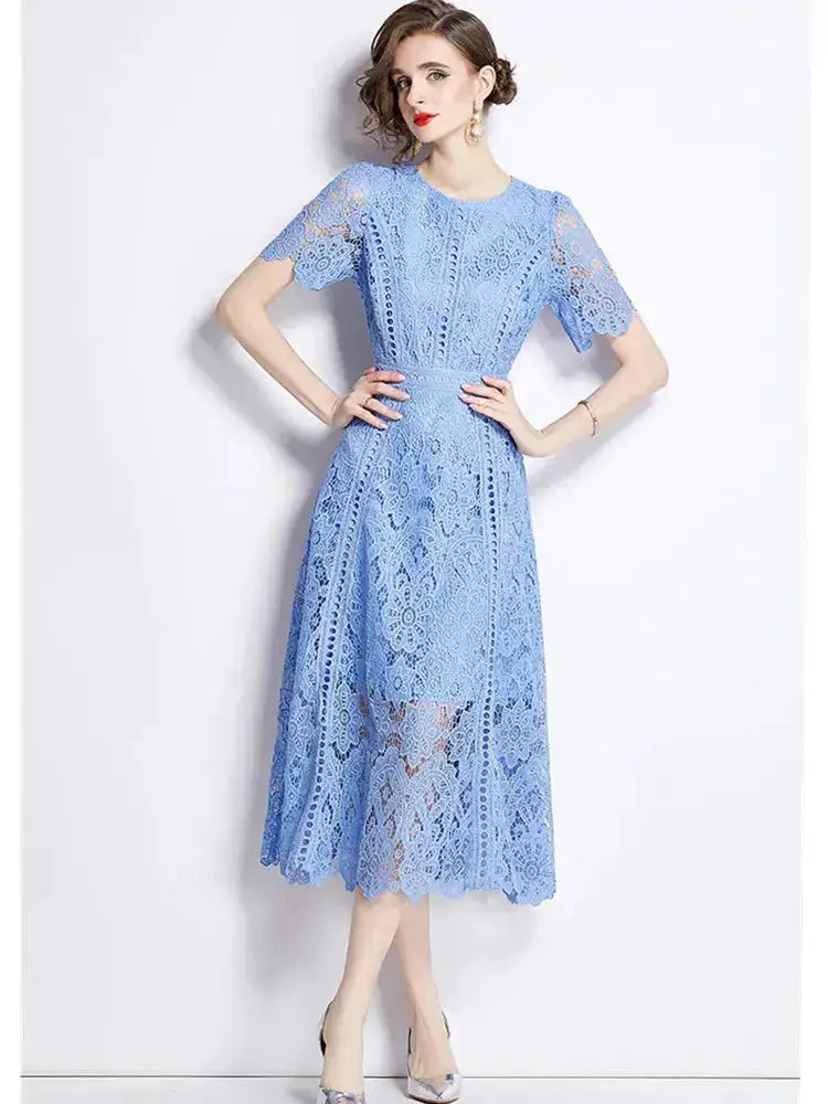 SMTHMA Vintage High-End O-Neck Short Sleeve Lace Hollow Out Dress For Women&