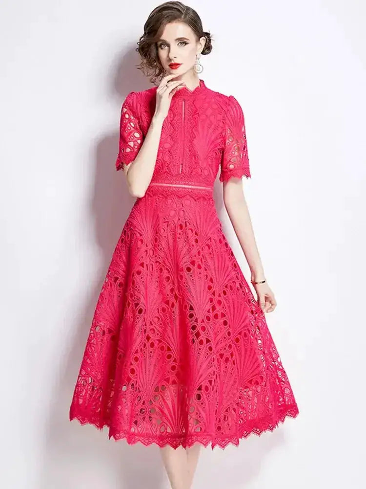 SMTHMA Vintage High-End O-Neck Short Sleeve Lace Hollow Out Dress For Women&