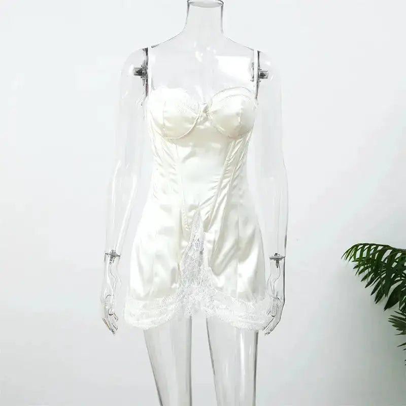 Women White Lace Trim Corset Mini Dress Sexy Sweetheart Neck Spaghetti Strap Slit Hem 2026 Summer Leisure Nightclub Party Wear by Dropshipman