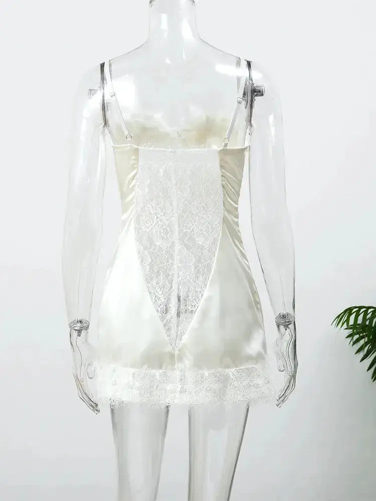 Women White Lace Trim Corset Mini Dress Sexy Sweetheart Neck Spaghetti Strap Slit Hem 2026 Summer Leisure Nightclub Party Wear by Dropshipman