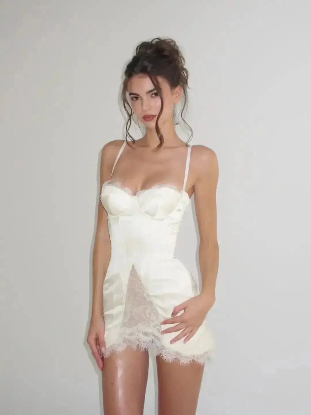 Women White Lace Trim Corset Mini Dress Sexy Sweetheart Neck Spaghetti Strap Slit Hem 2026 Summer Leisure Nightclub Party Wear by Dropshipman