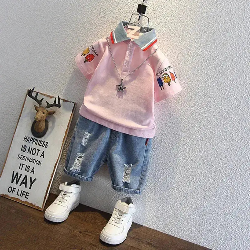 2-10 Years Kids Boys Clothes Set Summer Short Sleeve Cartoon Print Lapel T-shirt And Denim Shorts 2PCS Children Tracksuit Outfit by Dropshipman