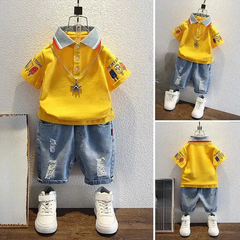 2-10 Years Kids Boys Clothes Set Summer Short Sleeve Cartoon Print Lapel T-shirt And Denim Shorts 2PCS Children Tracksuit Outfit by Dropshipman