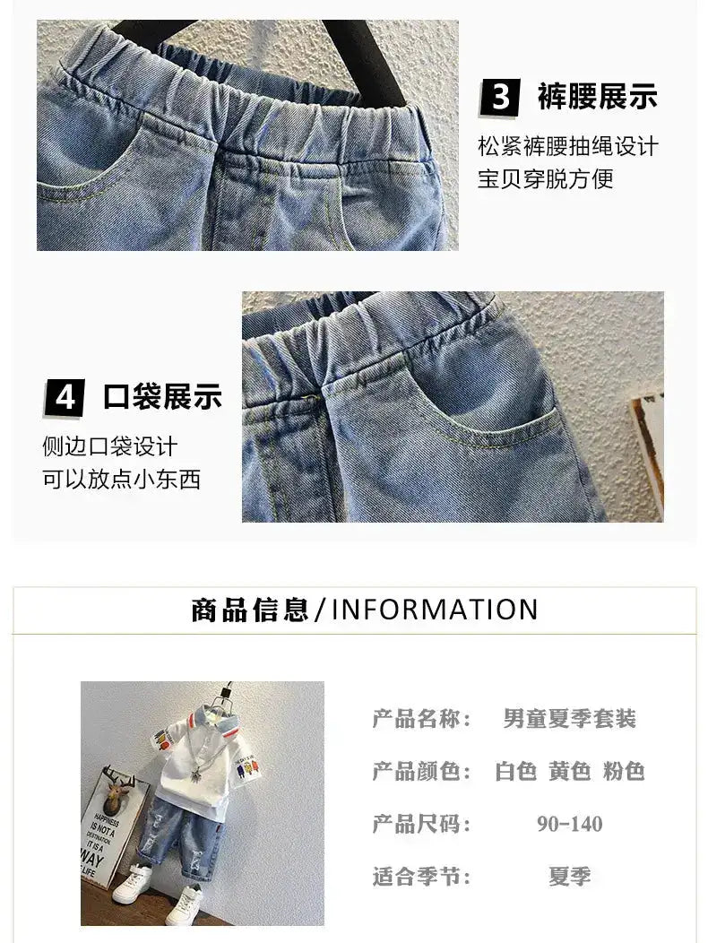 2-10 Years Kids Boys Clothes Set Summer Short Sleeve Cartoon Print Lapel T-shirt And Denim Shorts 2PCS Children Tracksuit Outfit by Dropshipman
