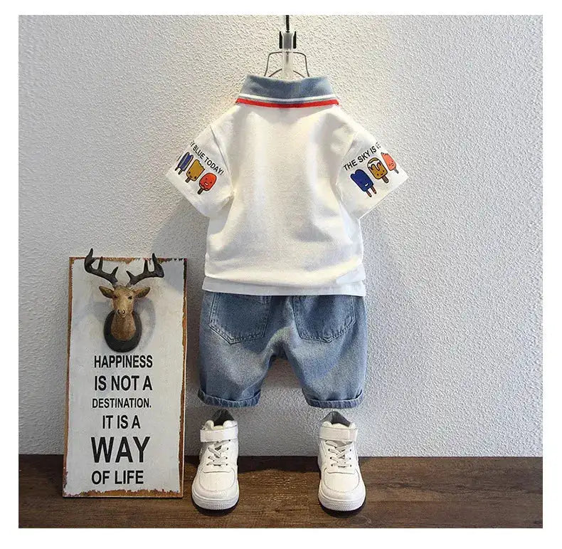 2-10 Years Kids Boys Clothes Set Summer Short Sleeve Cartoon Print Lapel T-shirt And Denim Shorts 2PCS Children Tracksuit Outfit by Dropshipman