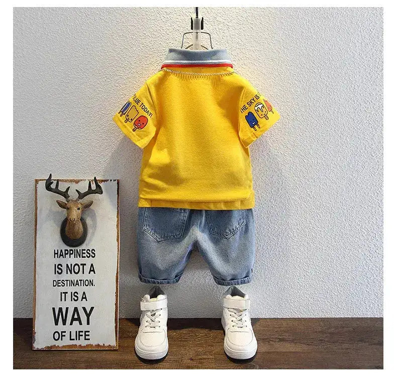 2-10 Years Kids Boys Clothes Set Summer Short Sleeve Cartoon Print Lapel T-shirt And Denim Shorts 2PCS Children Tracksuit Outfit by Dropshipman