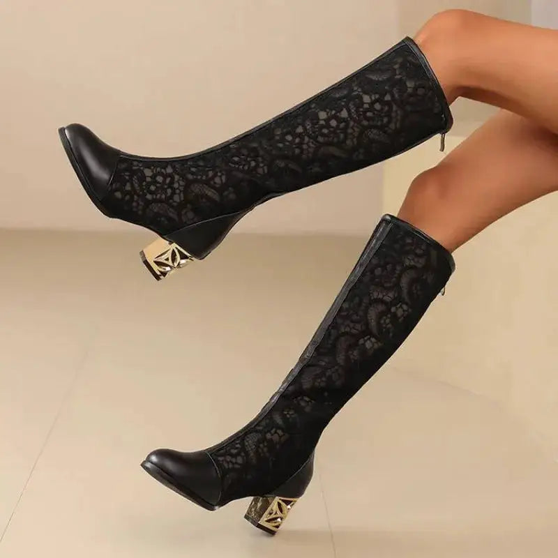 Spring and Autumn New Style Fashion square Heel Mesh Hollow Women&