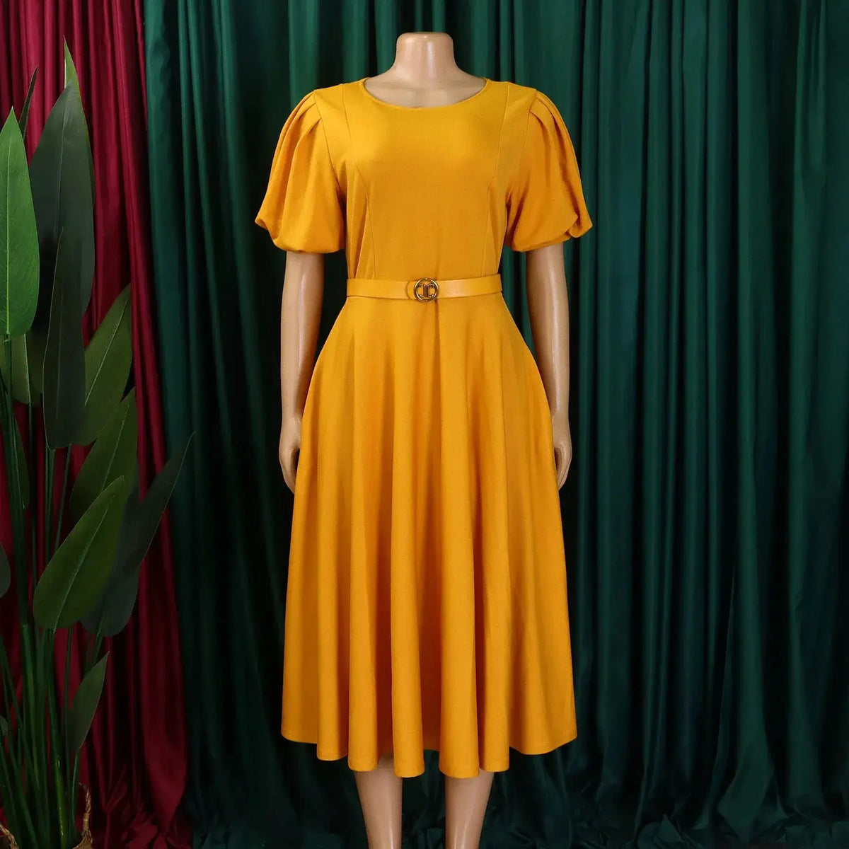 Elegant Office Dress for Women Professional O Neck Short Sleeve Belt Waisted A Line Mid Calf Formal Business Work Dress Midi New by Dropshipman