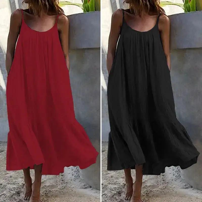 2024 Summer European and American New Ruffled Solid Color Long Dress Sleeveless Loose Thin Shoulder Strap Dress Summer dress by Dropshipman