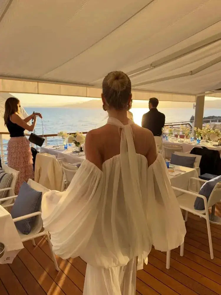 Trendy White Chiffon Off-shoulder Halter Maxi Dress Suit Chic Sheer Mesh Long Sleeve Flowy Vestidos 2026 New Formal Evening Gown by Dropshipman