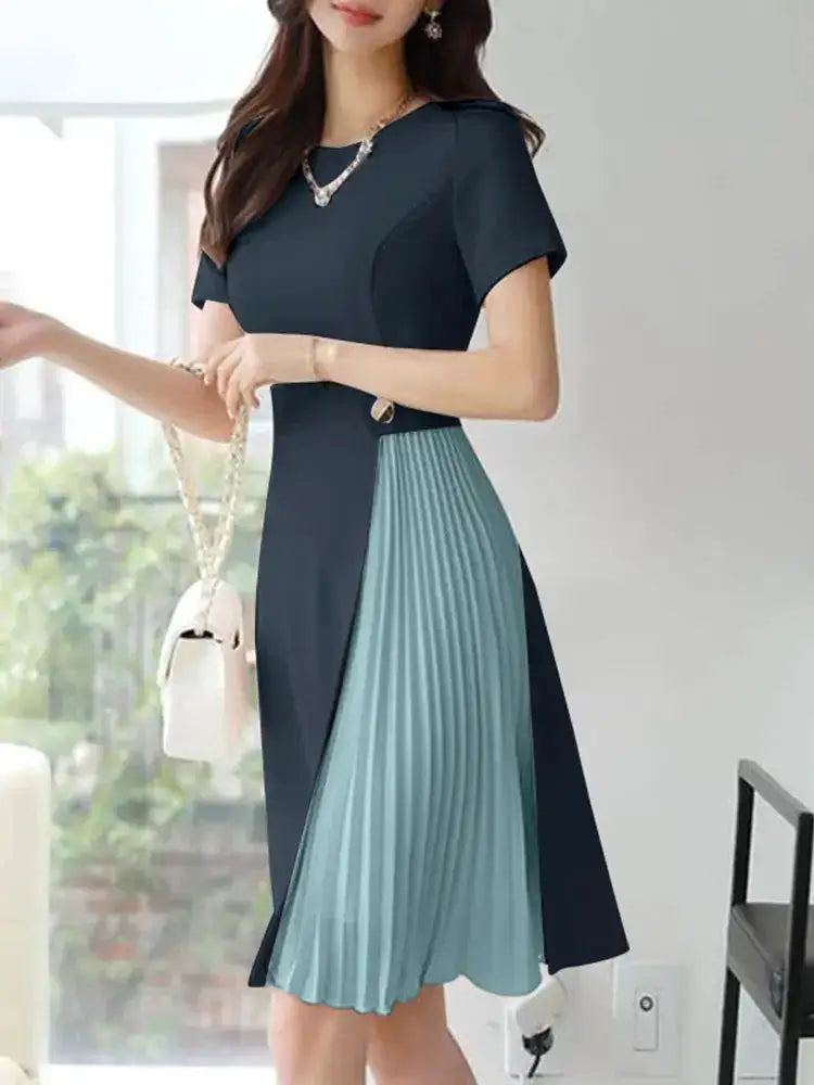 ZANZEA 2025 Elegant Pleated Dresses Women Summer Work OL Dress Stylish Short Sleeve Party Sundress Casual Patchwork Vestidos by Dropshipman
