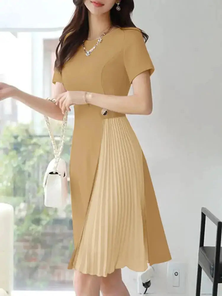 ZANZEA 2025 Elegant Pleated Dresses Women Summer Work OL Dress Stylish Short Sleeve Party Sundress Casual Patchwork Vestidos by Dropshipman