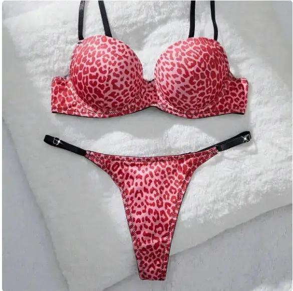 European and American Cross-Border Leopard Print Sexy Bra Thong Set Comfortable Push-Up Underwear Set by Dropshipman