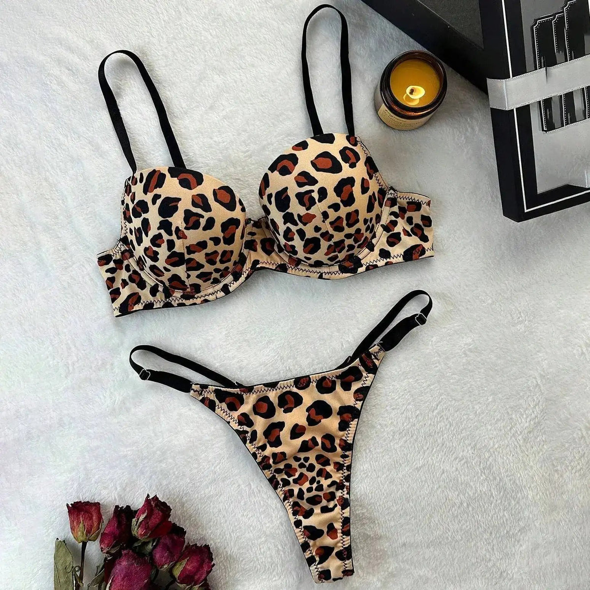 European and American Cross-Border Leopard Print Sexy Bra Thong Set Comfortable Push-Up Underwear Set by Dropshipman