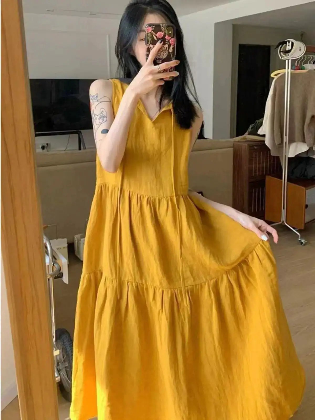 Summer New Cotton and Linen Ins Gentle Solid Color Sleeveless dress French Loose Strap Slimming Holiday Style Long Dress by Dropshipman