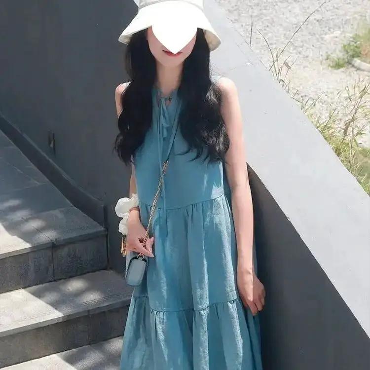 Summer New Cotton and Linen Ins Gentle Solid Color Sleeveless dress French Loose Strap Slimming Holiday Style Long Dress by Dropshipman